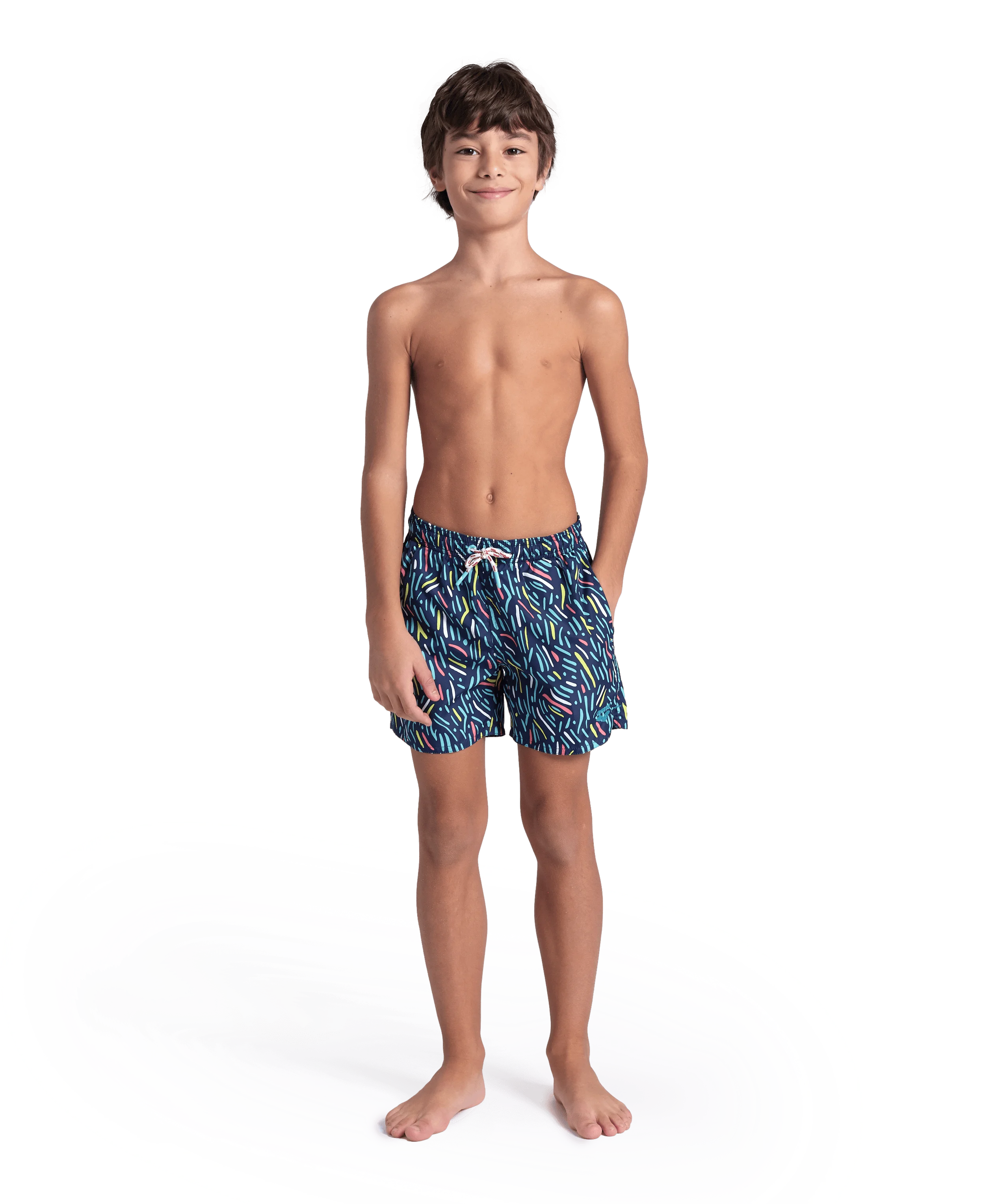 Arena Boys Junior Beach Swimwear Boxer Multi Water Prints All Over Length 32cm