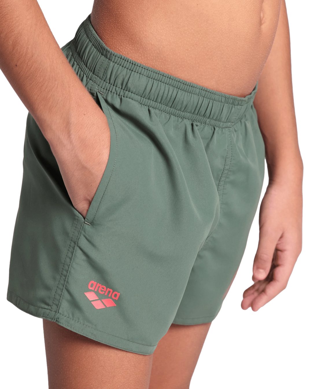 Arena Boys Junior Beach Swimwear Logo Short Sage Fluo Red Recycled Fabric Length 32cm