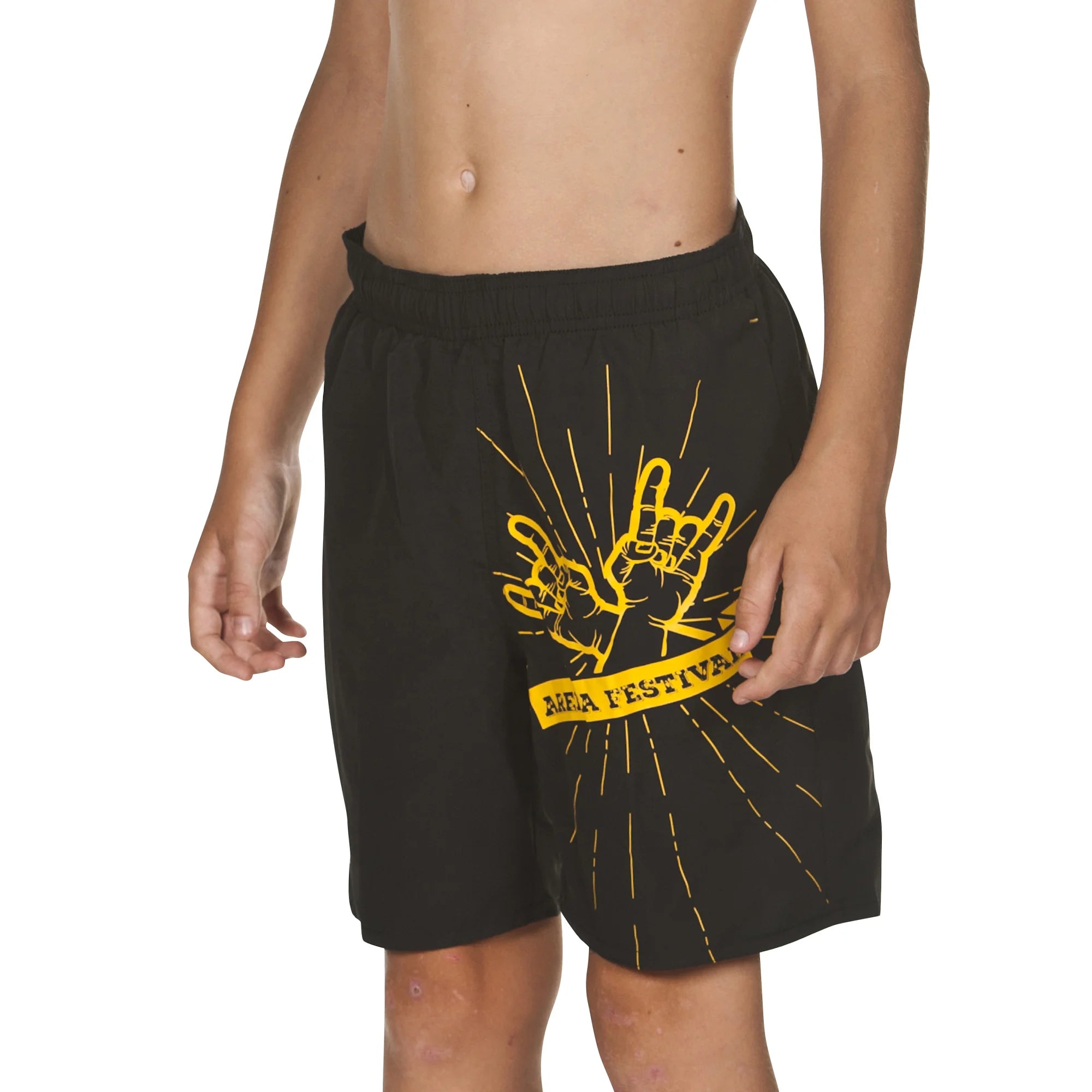 Arena Boys Junior Beach Swimwear Long Bermuda Festival Black Lily Yellow Length 42cm