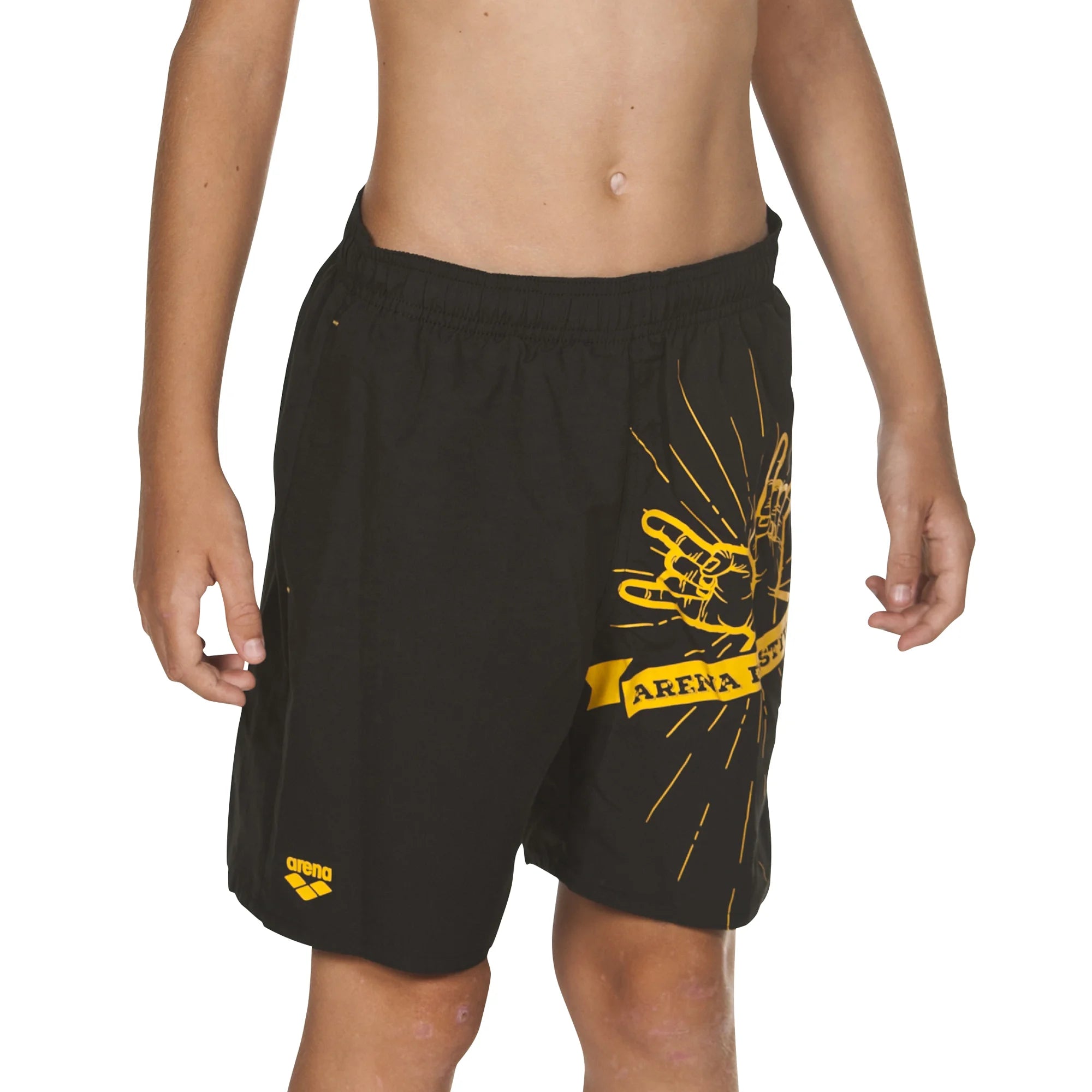 Arena Boys Junior Beach Swimwear Long Bermuda Festival Black Lily Yellow Length 42cm
