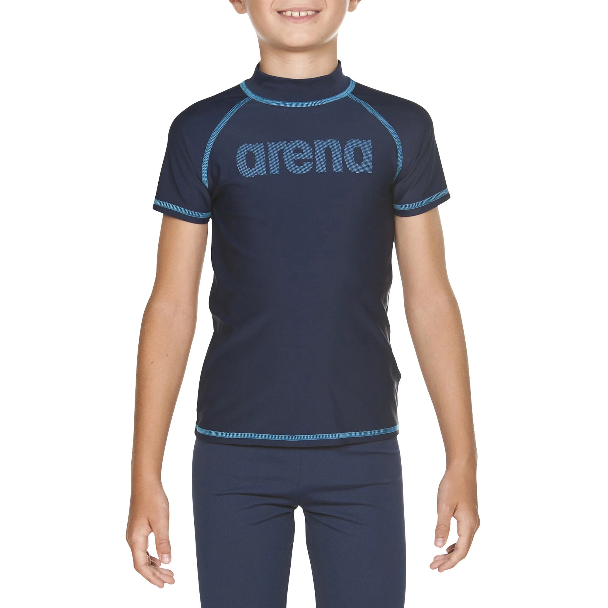 Arena Boys Swim Rashguards UV Short Sleeve Navy Sea Blue