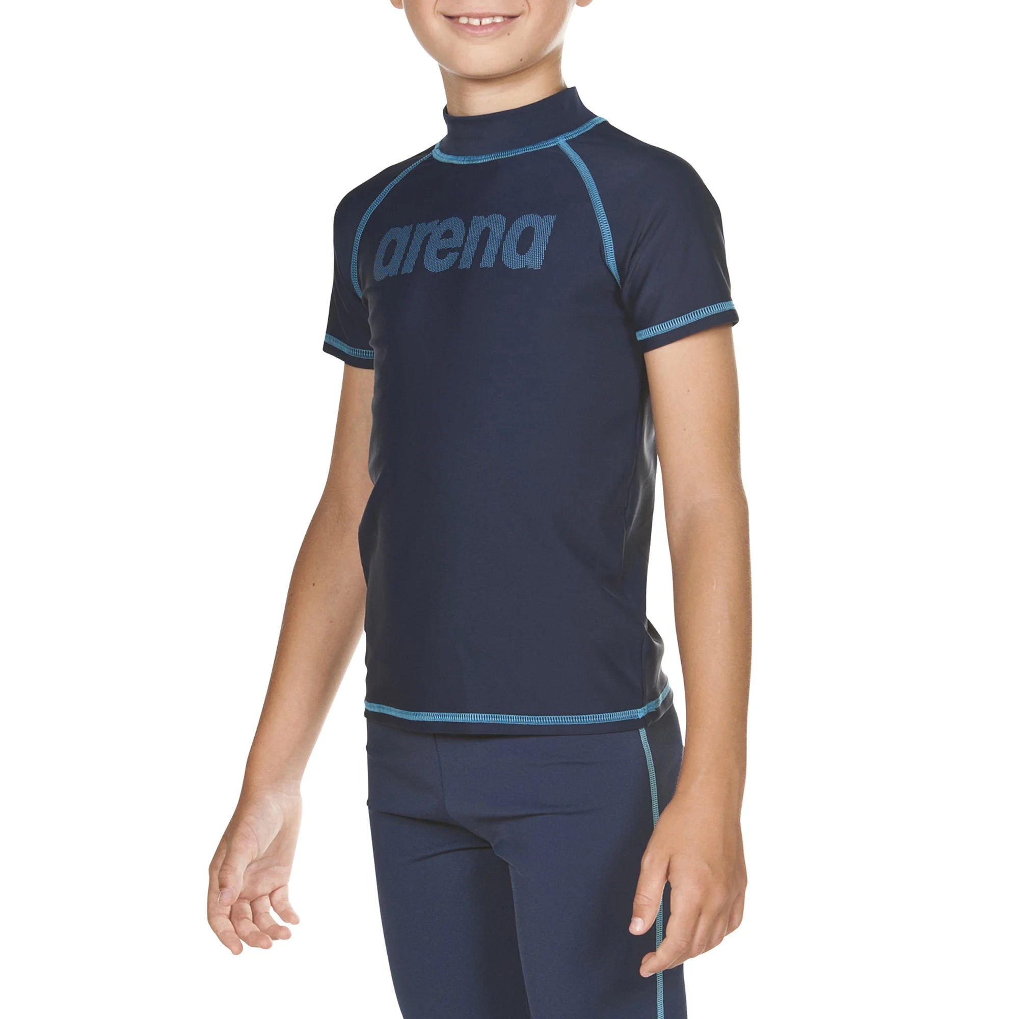 Arena Boys Swim Rashguards UV Short Sleeve Navy Sea Blue