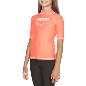 Arena Girls Swim Rashguards UV Short Sleeve Shiny Pink White