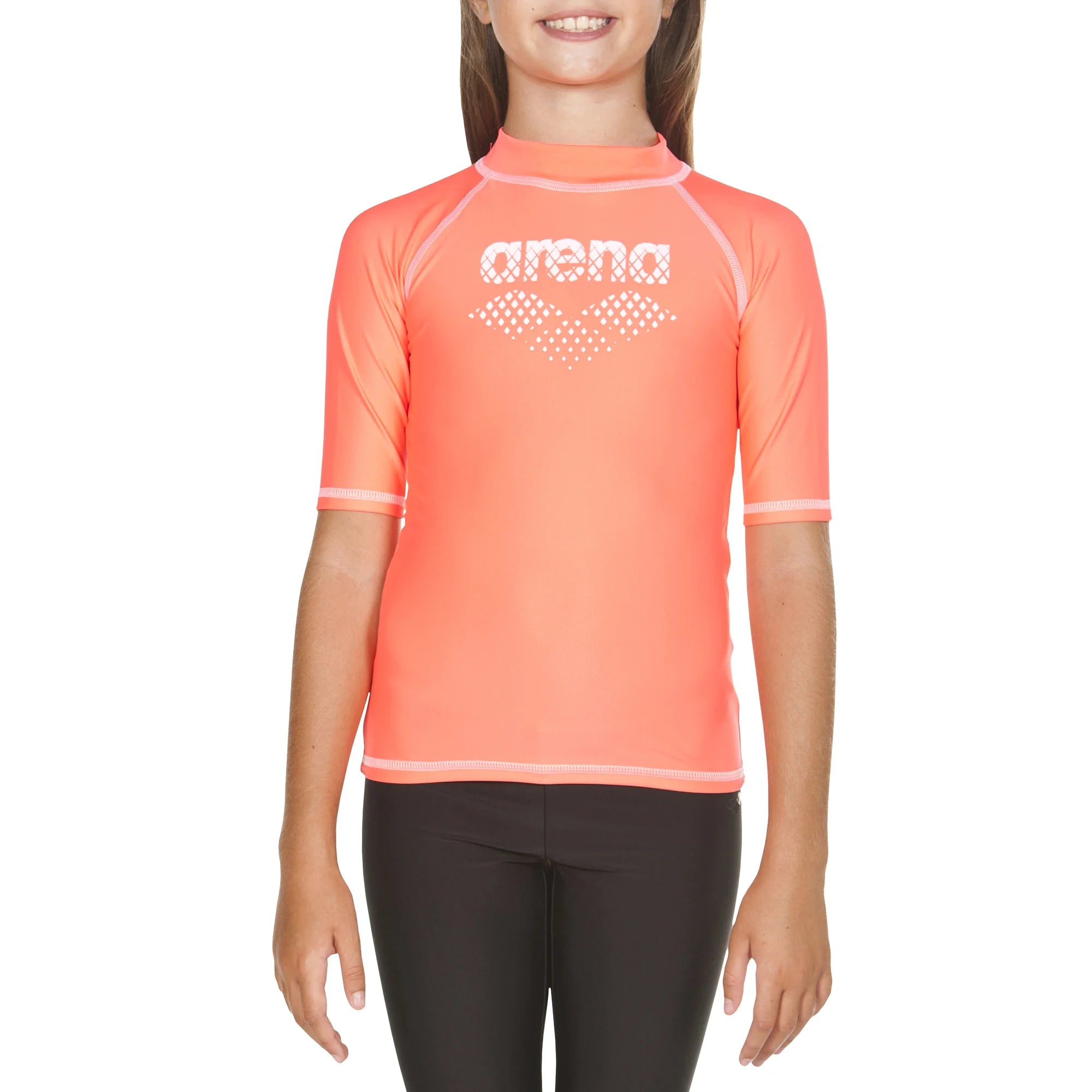 Arena Girls Swim Rashguards UV Short Sleeve Shiny Pink White