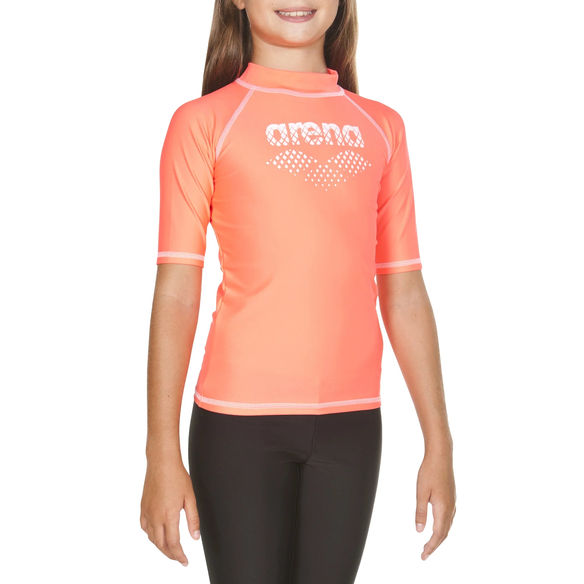 Arena Girls Swim Rashguards UV Short Sleeve Shiny Pink White