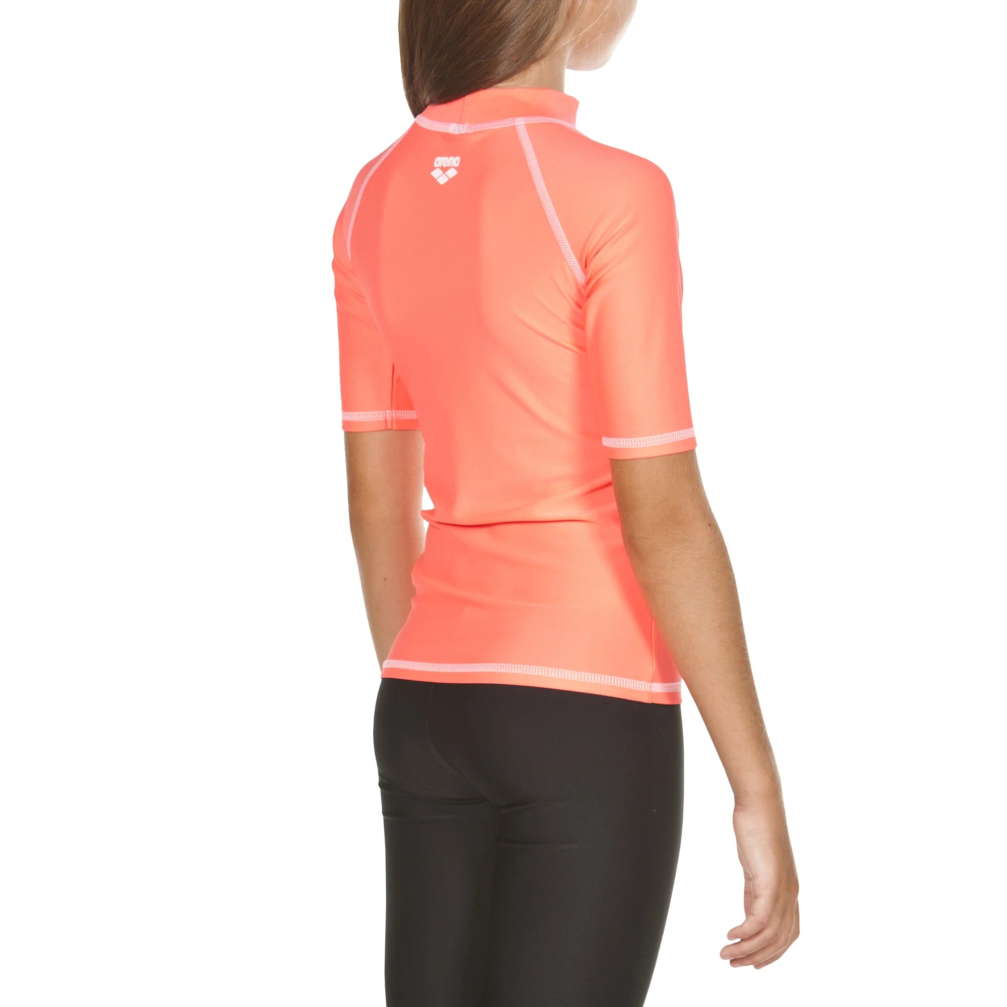 Arena Girls Swim Rashguards UV Short Sleeve Shiny Pink White