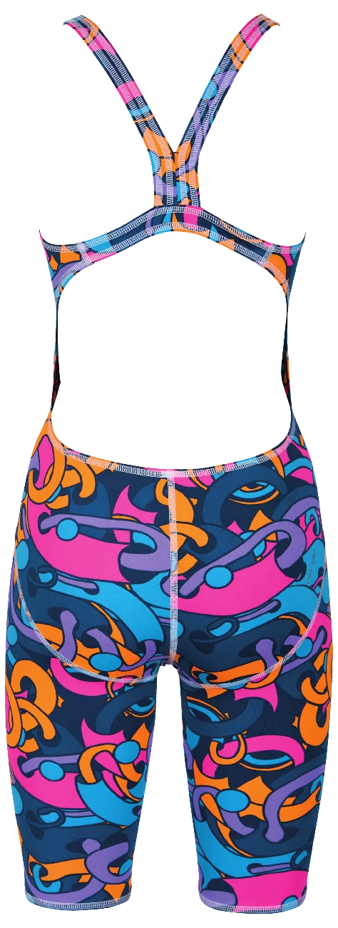 Arena Women Training Swimwear One Piece Open Back Deep Sea Fresia Rose Multi