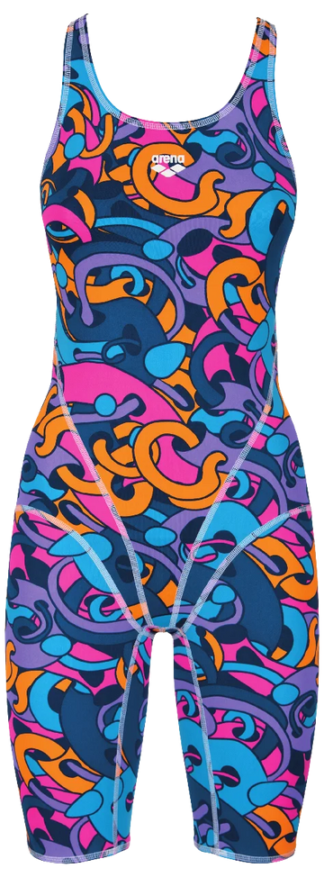 Arena Women Training Swimwear One Piece Open Back Deep Sea Fresia Rose Multi
