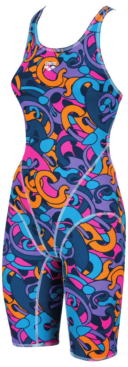 Arena Women Training Swimwear One Piece Open Back Deep Sea Fresia Rose Multi