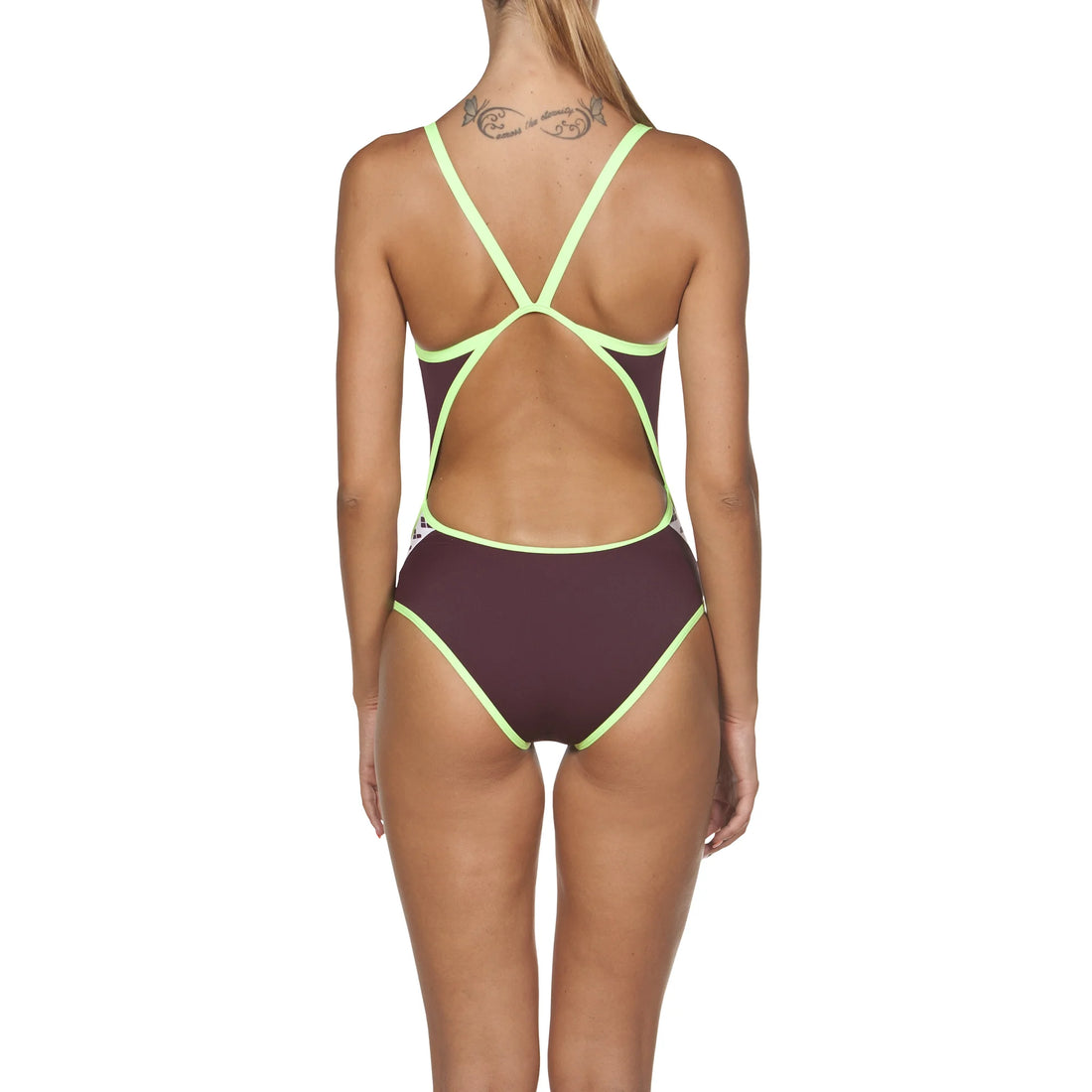 Arena Women Training Swimwear One Piece Team Stripe Red Wine Shiny Green Super Fly Back