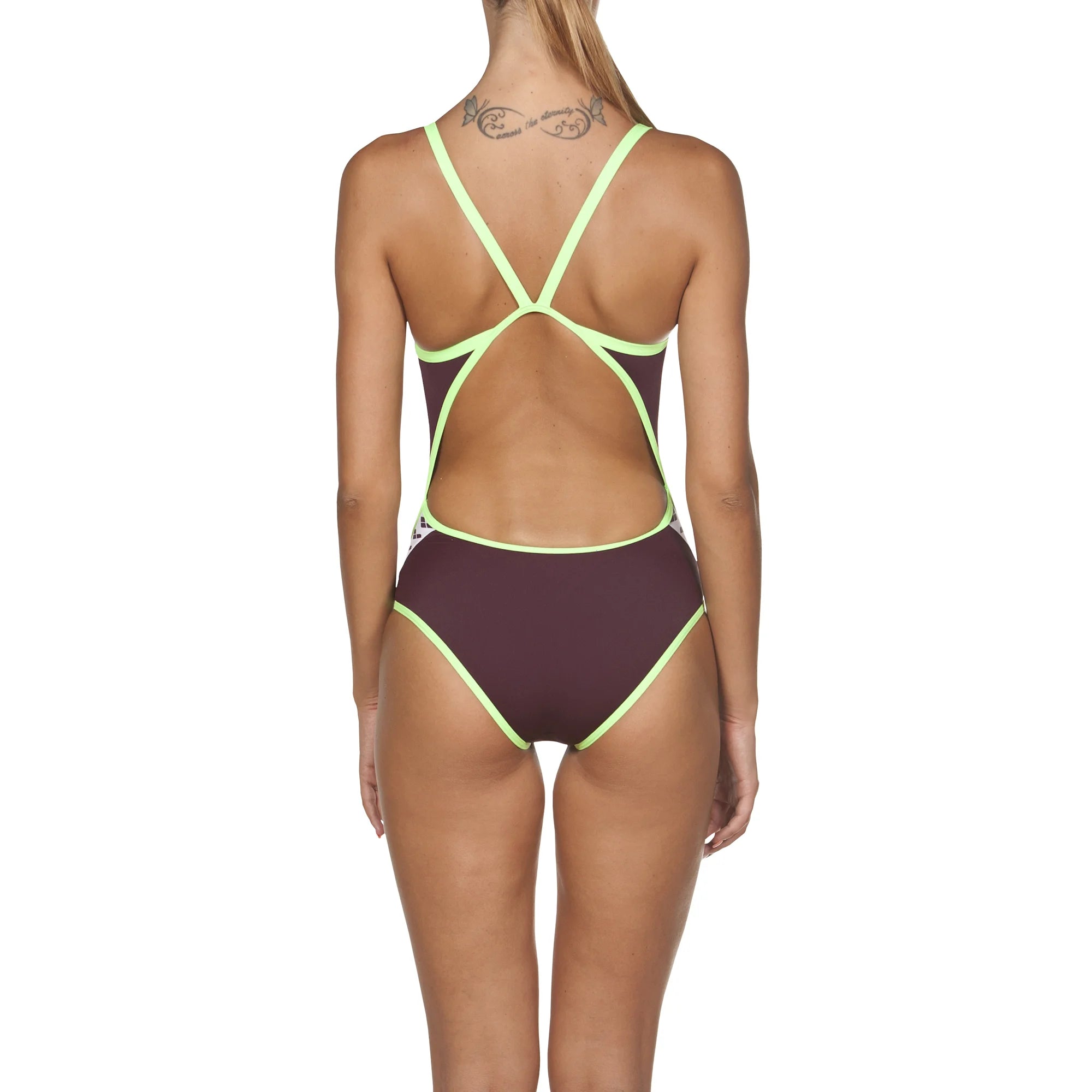 Arena Women Training Swimwear One Piece Team Stripe Red Wine Shiny Green Super Fly Back